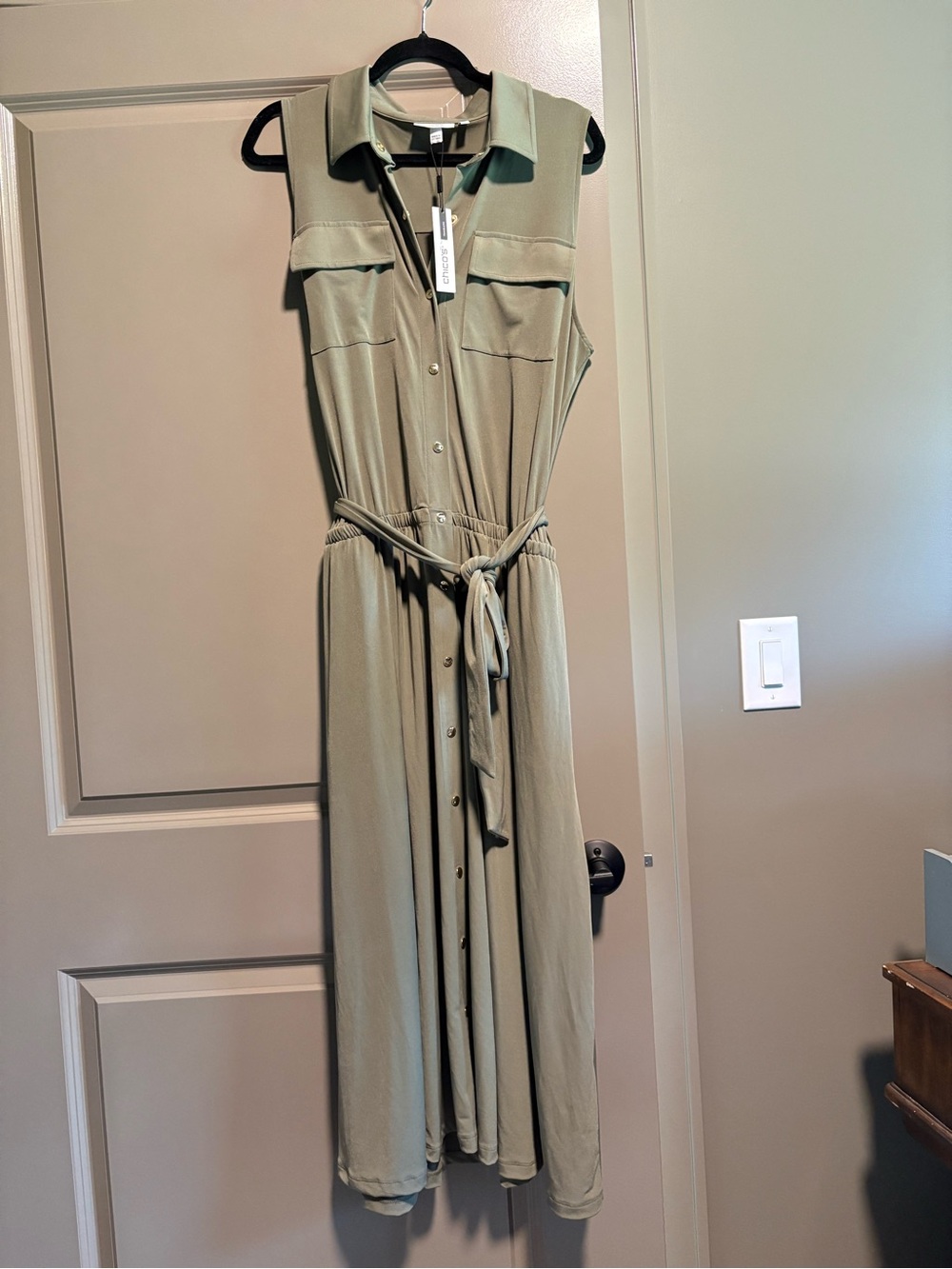 Chico’s Travelers Maxi Shirt Dress Size 0 NWT Sage Green Belted